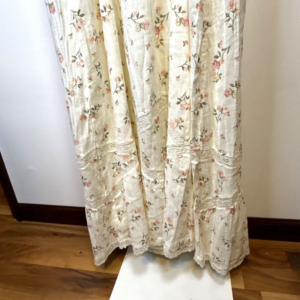 Floral Babydoll Maxi Dress Button Front Lace Ruffle Cottagecore Lined Stretch Ba - Picture 9 of 10